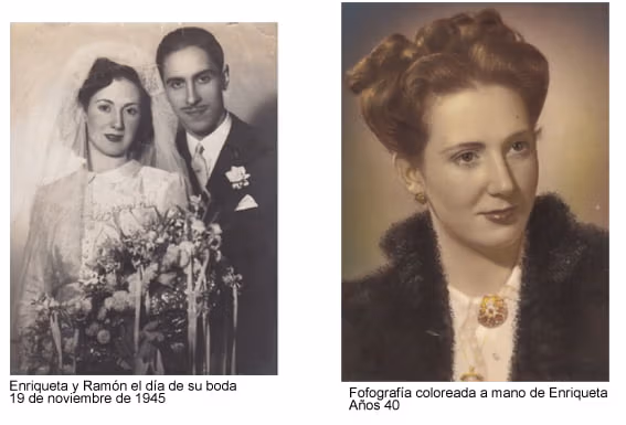 Ramón Sabatés y Enriqueta el día de su boda y fotografía de Enriqueta de los años 40 coloreada a mano Ramón y Enriqueta el día de su boda (1945)