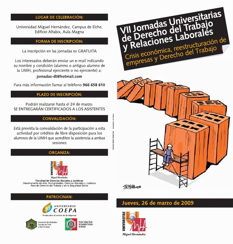 Maqueta folletos jornadas Crisis económica, reestructuración de empresas y Derecho del Trabajo, universidad de Salamanca