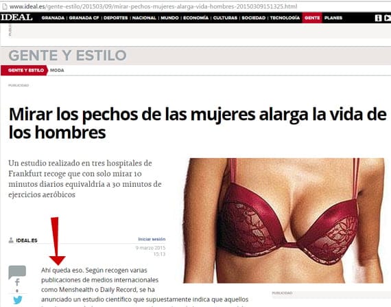"Mirar diez minutos a los pechos de una mujer puede alargar la vida de los hombres cinco años" "Mirar diez minutos a los pechos de una mujer puede alargar la vida de los hombres cinco años"