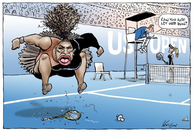 La vignetta di Mark Night mostra Serena Williams con una faccia incazzata che salta sulla racchetta, a terra c'è un pupazzo che si suppone abbia sputato.