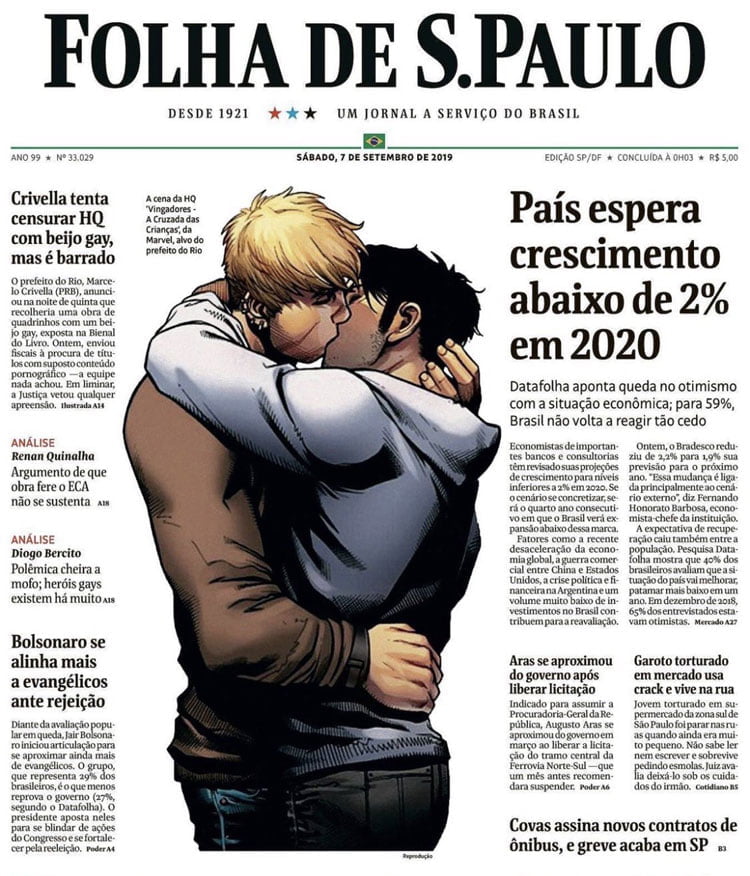 Fila do tribunal brasileiro sobre um beijo numa banda desenhada