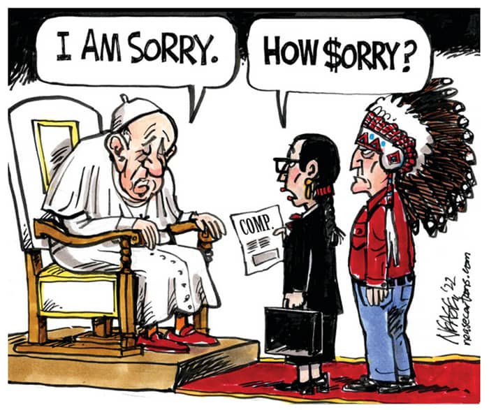 Media group apologises for cartoon depicting indigenous people demanding financial compensation from pope