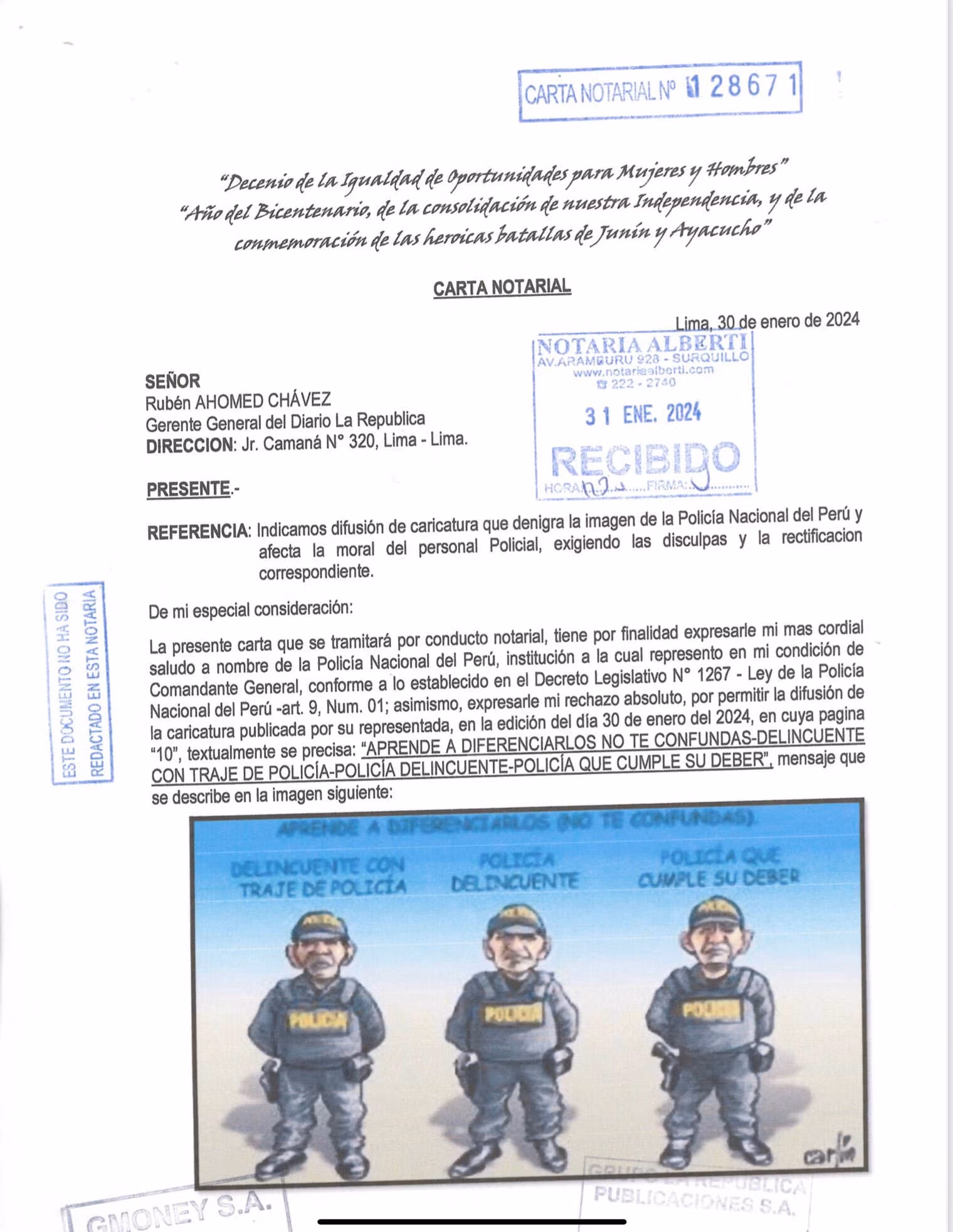 Peruwiańska Policja Narodowa ogłasza pozew przeciwko gazecie La República i jej rysownikowi w związku z karykaturą 6