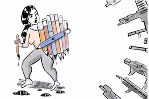 Ilustración de una dibujante de prensa con un escudo de lápices. A su derecha, varios rifles automáticos la apuntan desde el margen. El fondo incluye el título "Sous Pression" y logotipos de organizaciones de derechos humanos y libertad de expresión.