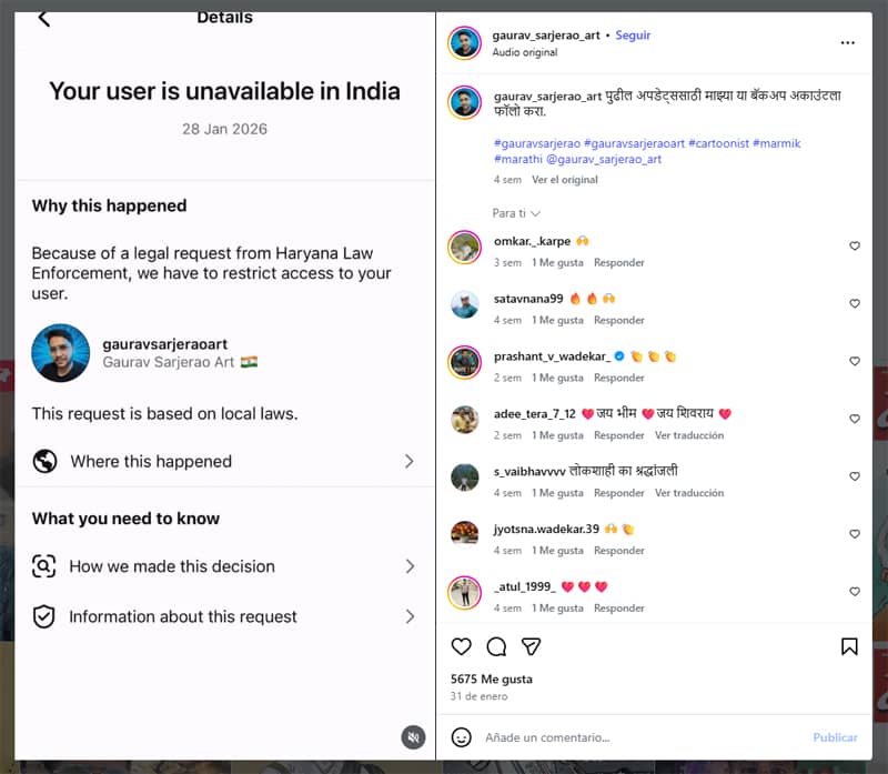 Captura de pantalla de una notificación de Instagram dirigida al usuario "gauravsarjeraoart" con el título "Your user is unavailable in India" (Tu usuario no está disponible en la India). El texto explica que el acceso ha sido restringido debido a una solicitud legal de las fuerzas de seguridad de Haryana (Haryana Law Enforcement) basada en leyes locales. A la derecha, se observa el perfil del dibujante Gaurav Sarjerao con comentarios de apoyo de sus seguidores.