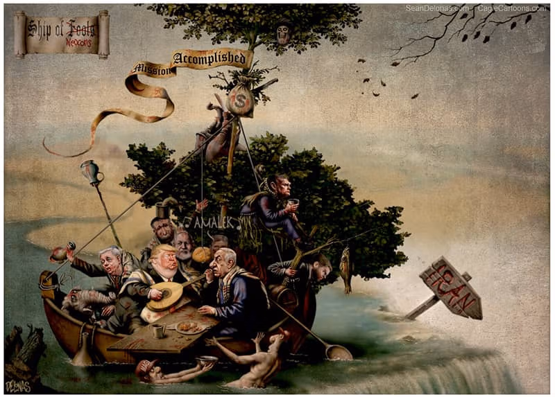 Viñeta de Sean Delonas muestra a los legisladores a bordo de una barca de remos con el letrero «Barco de los neoconservadores» —un juego de palabras con el cuadro de El Bosco La nave de los locos— que está a punto de precipitarse por una cascada (Irán). Una bolsa de dinero manchada de sangre corona el mástil (del que ondea una bandera con el texto "Misión cumplida), y la palabra «Amalek», en referencia a un enemigo histórico del pueblo judío de la Biblia hebrea, aparece en el fondo.