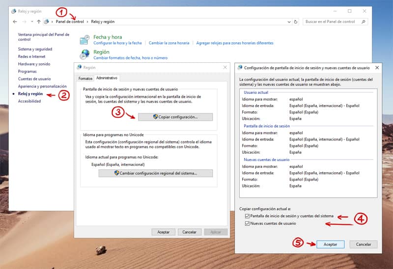 reloj y región en Windows donde se puede ajustar el idioma de los mensajes en las pantalla de sistema