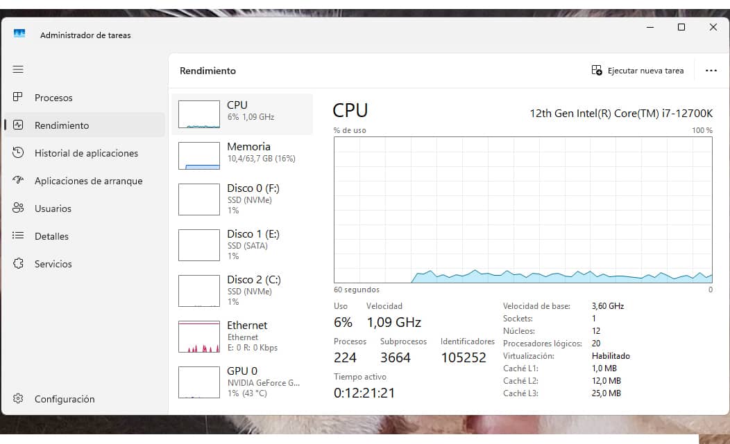 Procesos separados en una instalación de Windows 11 con 64 GB de RAM.