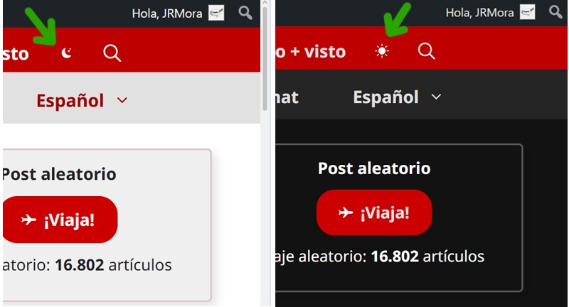 Botón de modo oscuro la izquierda y de modo claro a la derecha