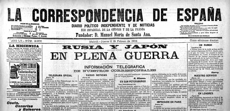 Portada de La Correspondencia de España del 11/02/1904 con el titular de "Rusia y Japón en plena guerra"