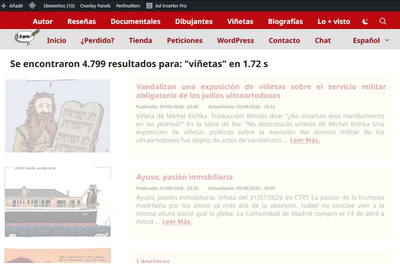 Screenshot of the internal search in WordPress showing 4,799 results in 1.72 seconds using Fast JSON Search.