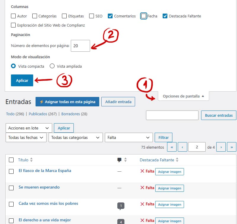 Asignar imágenes destacadas faltantes en masa en WordPress. Opciones de pantalla