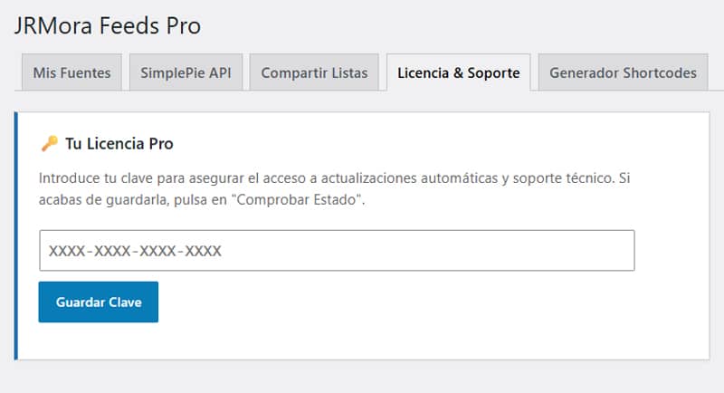 Pestaña de activación de licencia con conexión directa a la API.