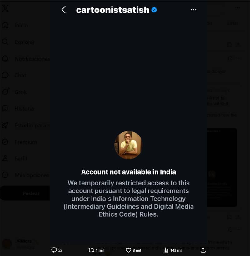 El Gobierno de India bloquea las cuentas de Instagram de dos dibujantes  Satish Acharya cuenta  Instagram restringida